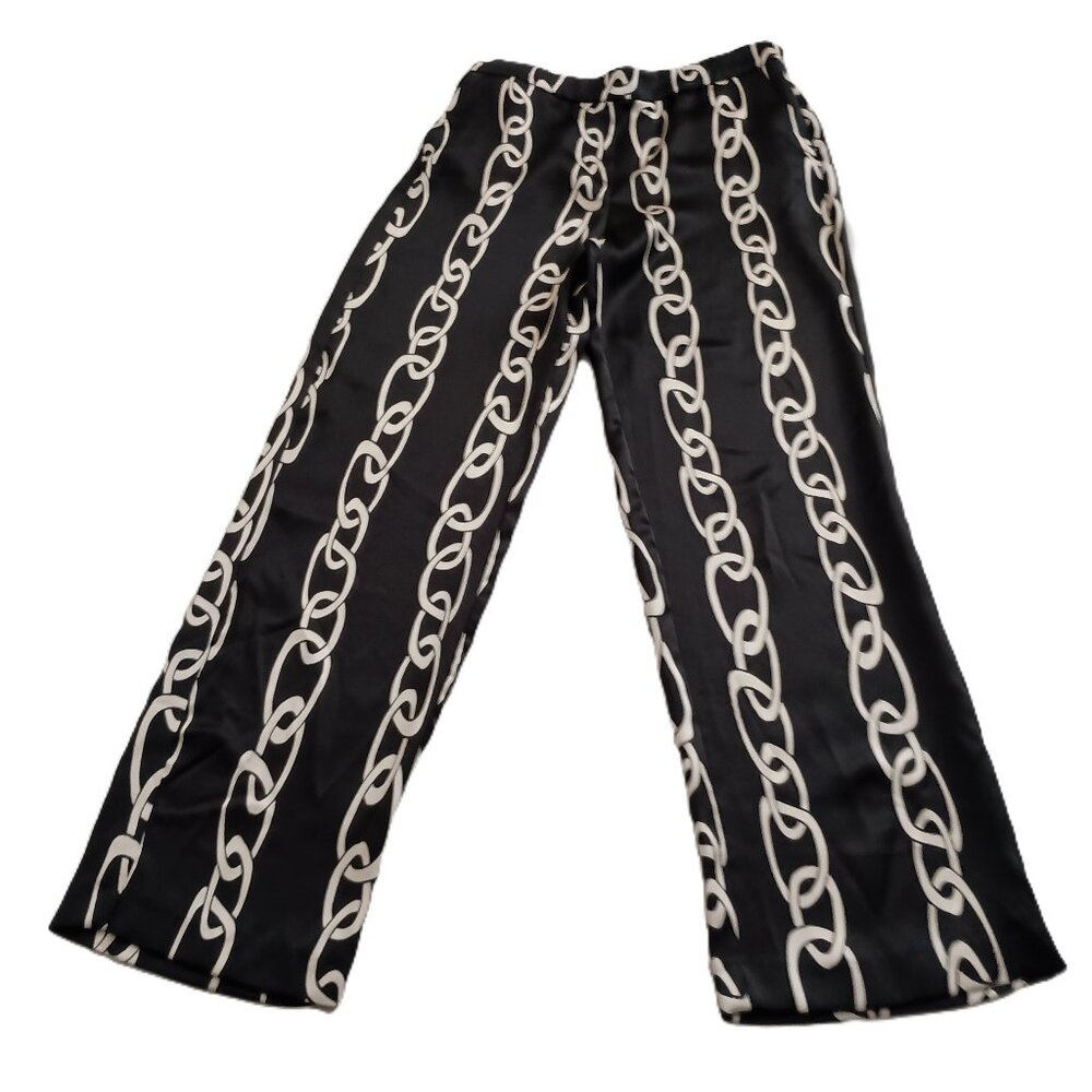 Mango Chic Silky Black & White Chain Print Elastic Waist Pants Women’s SZ M NWT